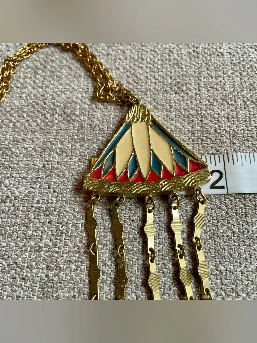 Vintage 1976 Bicentennial Gold Tone Red White Blue Statement Pendant Necklace